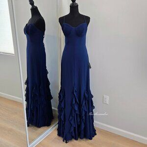 Lulus Dark Navy Lace Up Ruffle Maxi Dress Small New With Tags $99 Chiffon Priela